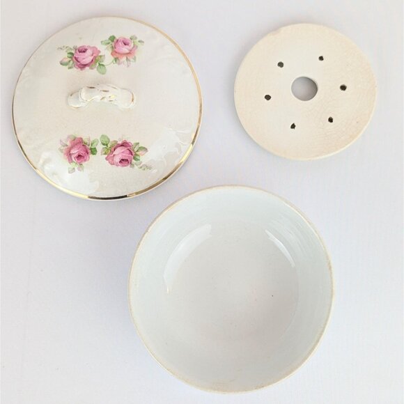 Antique Porcelain Butter Dish 1900s Pink Roses Gold Trim w/Lid and Drip Insert - Picture 5 of 10